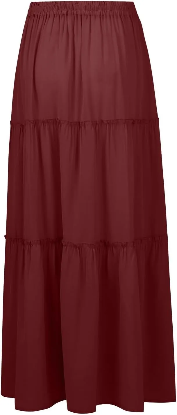 Womens Pleated A-Line Elastic High Waist Maxi Skirt 2025 Summer Casual Trendy Flowy Swing Boho Long Beach Dress
