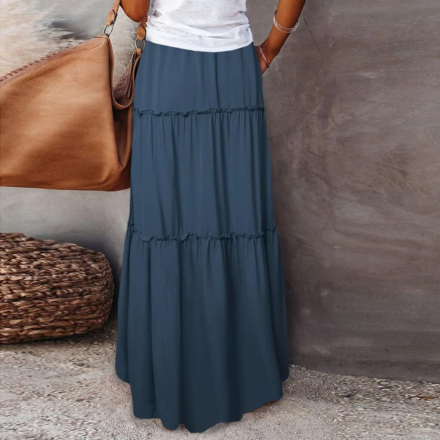 Womens Pleated A-Line Elastic High Waist Maxi Skirt 2025 Summer Casual Trendy Flowy Swing Boho Long Beach Dress