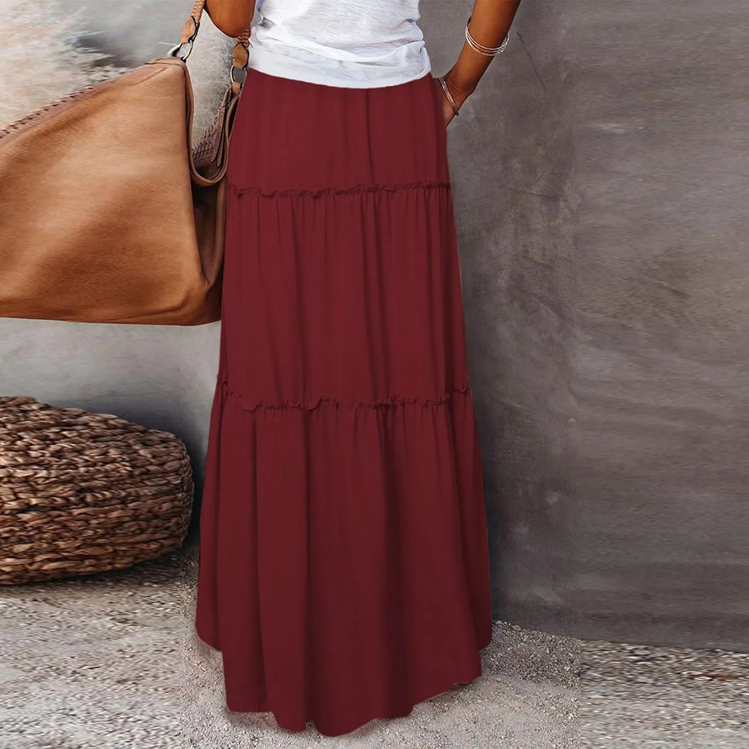 Womens Pleated A-Line Elastic High Waist Maxi Skirt 2025 Summer Casual Trendy Flowy Swing Boho Long Beach Dress