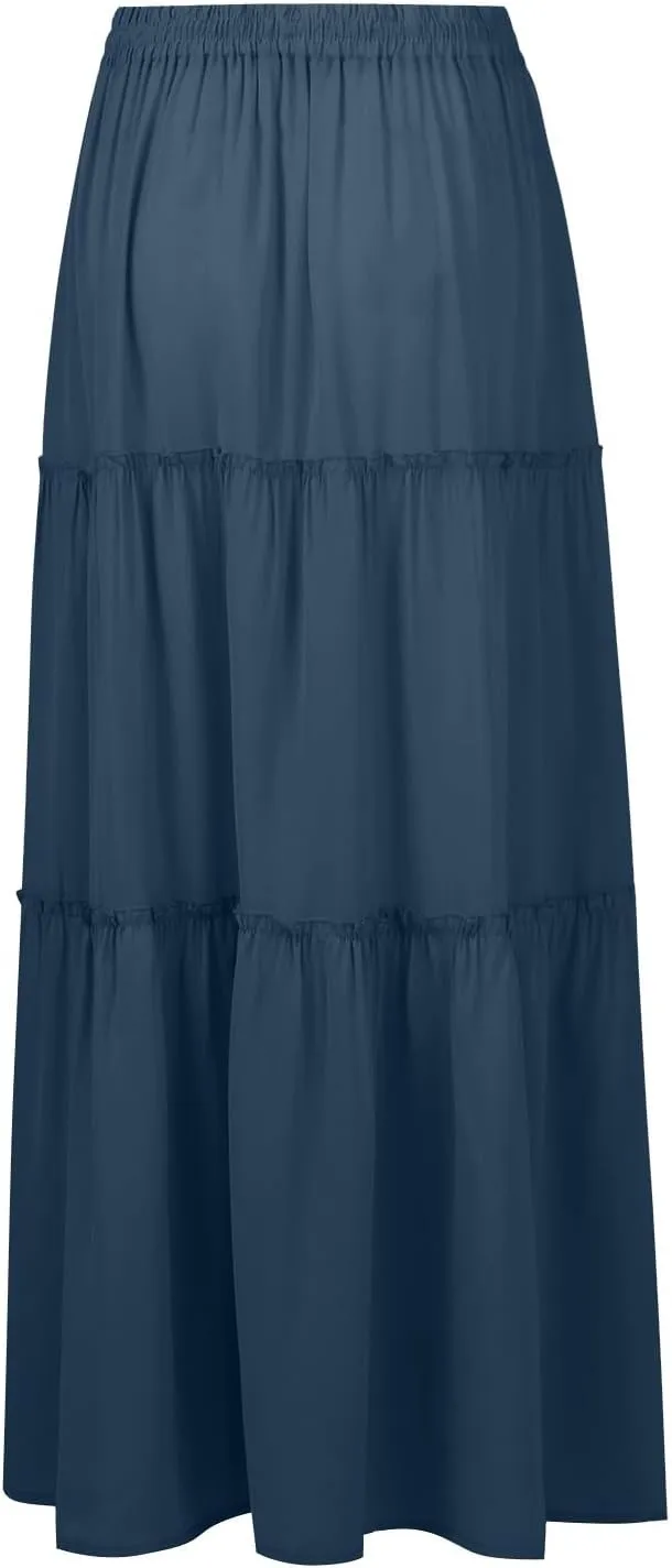 Womens Pleated A-Line Elastic High Waist Maxi Skirt 2025 Summer Casual Trendy Flowy Swing Boho Long Beach Dress