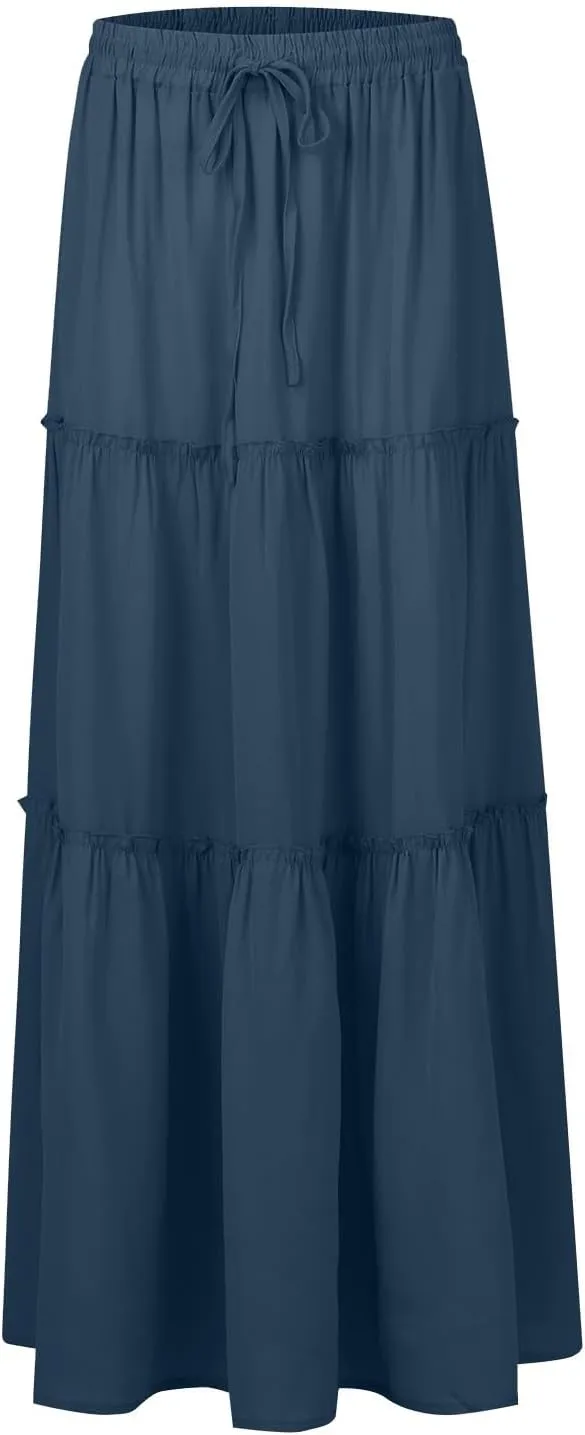 Womens Pleated A-Line Elastic High Waist Maxi Skirt 2025 Summer Casual Trendy Flowy Swing Boho Long Beach Dress