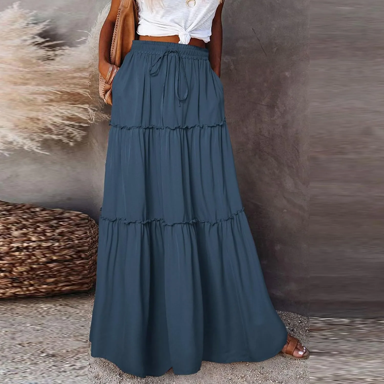 Womens Pleated A-Line Elastic High Waist Maxi Skirt 2025 Summer Casual Trendy Flowy Swing Boho Long Beach Dress