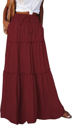 Womens Pleated A-Line Elastic High Waist Maxi Skirt 2025 Summer Casual Trendy Flowy Swing Boho Long Beach Dress