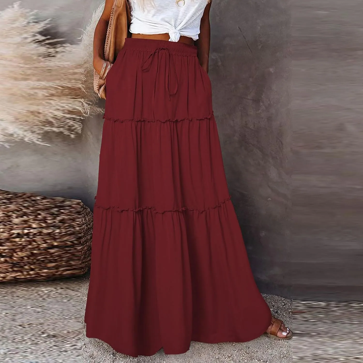 Womens Pleated A-Line Elastic High Waist Maxi Skirt 2025 Summer Casual Trendy Flowy Swing Boho Long Beach Dress