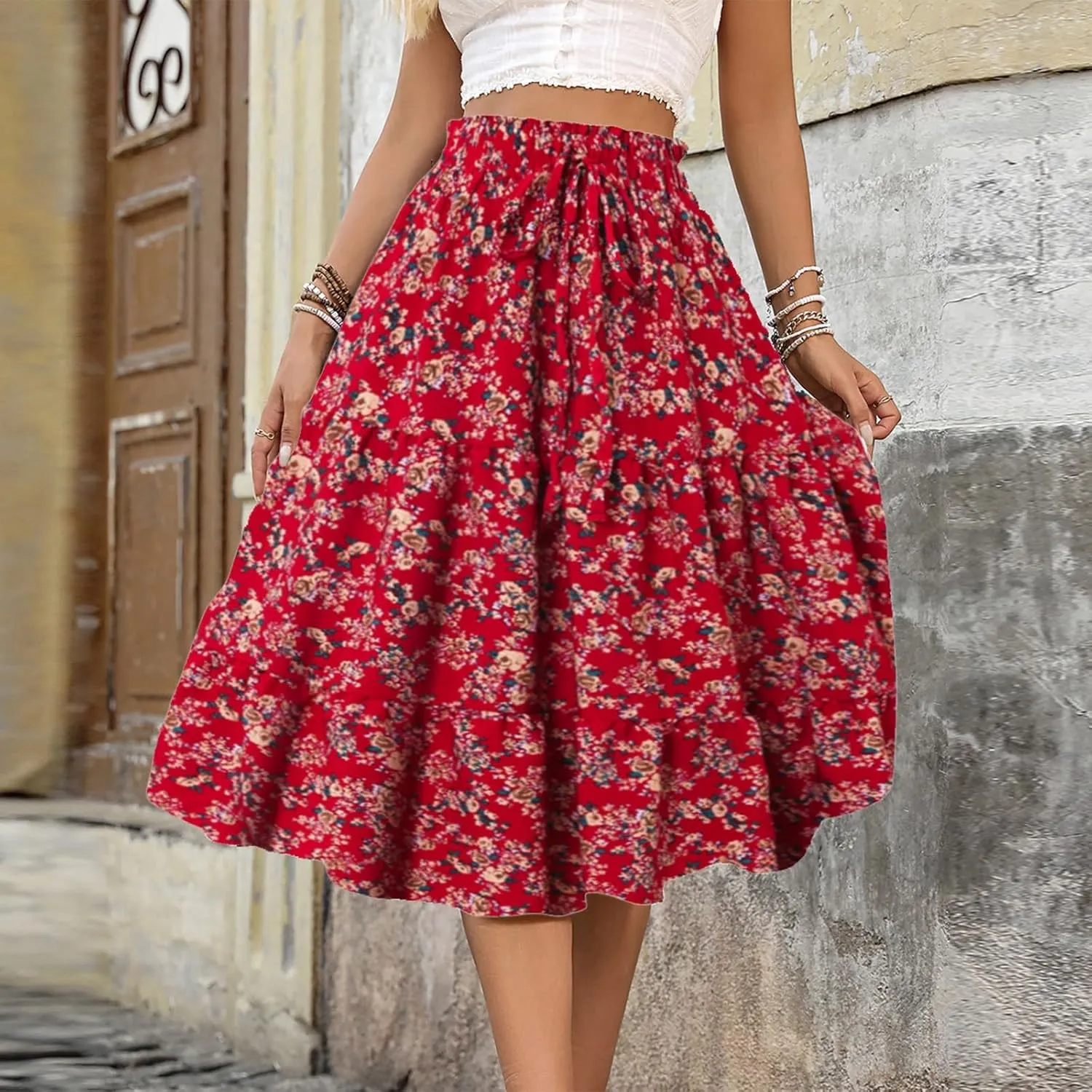 Women's Pleated Skirts Boho Floral Skirt Casual Elastic High Waist Maxi Skirts Flowy A Line Beach Skirt, S-XL