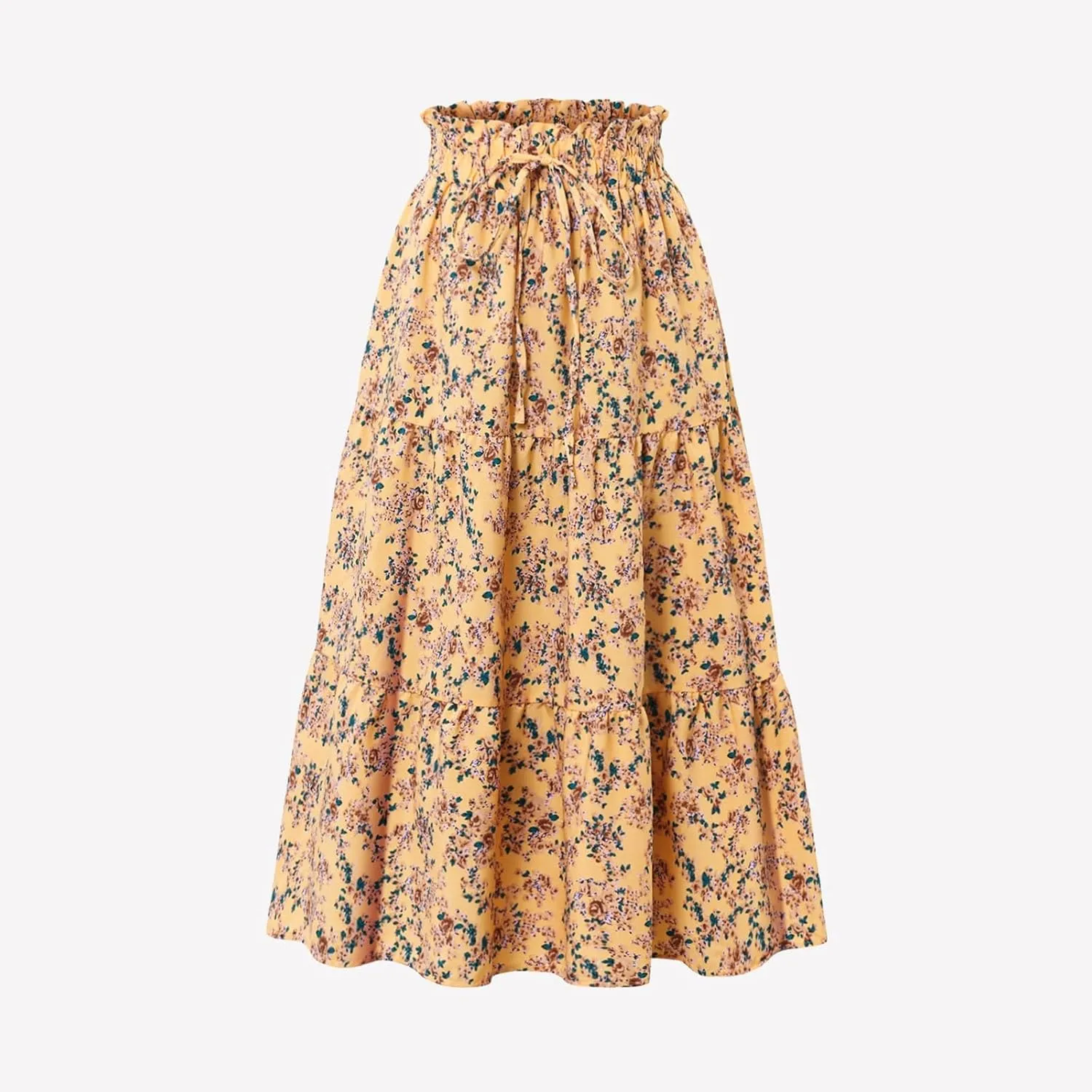 Women's Pleated Skirts Boho Floral Skirt Casual Elastic High Waist Maxi Skirts Flowy A Line Beach Skirt, S-XL