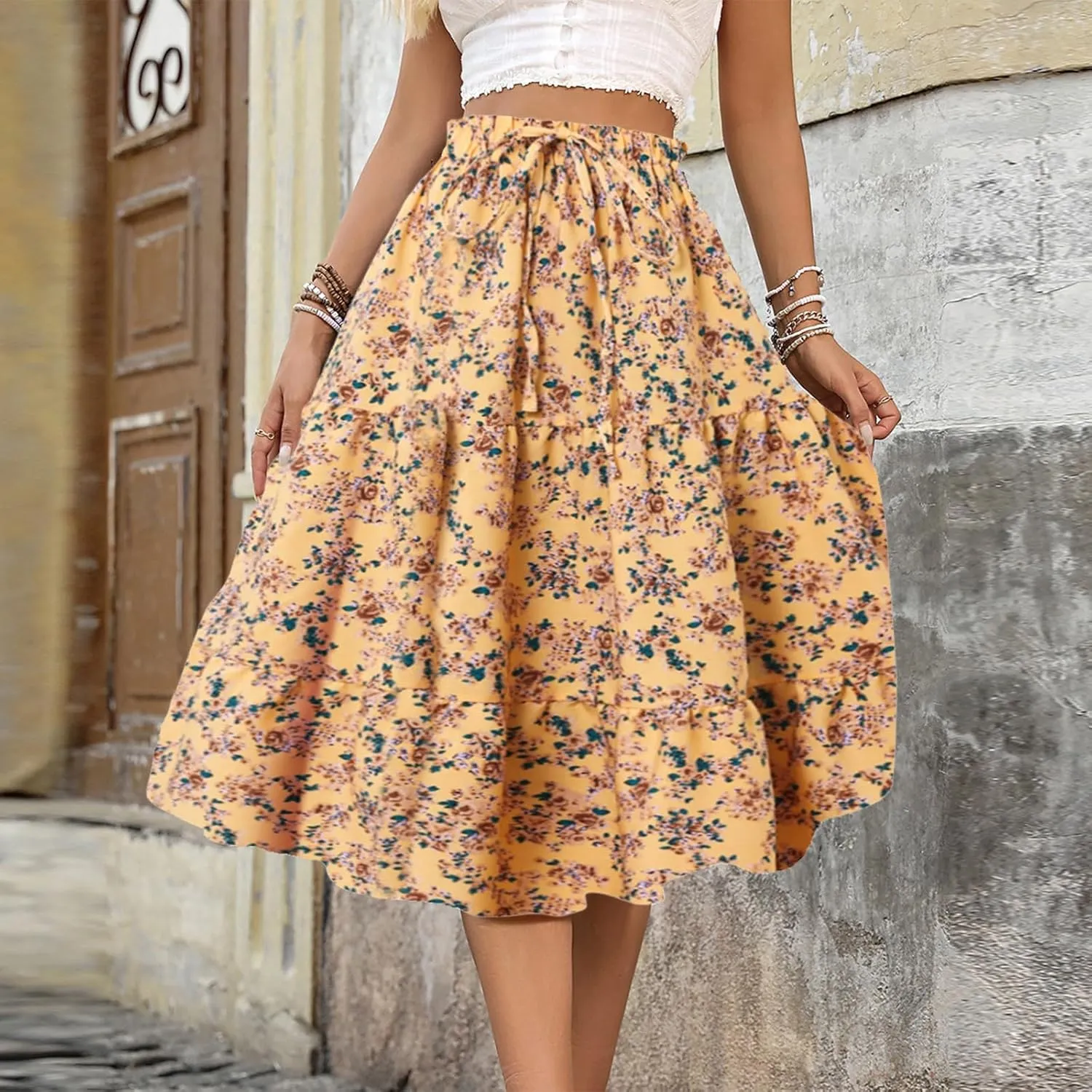 Women's Pleated Skirts Boho Floral Skirt Casual Elastic High Waist Maxi Skirts Flowy A Line Beach Skirt, S-XL