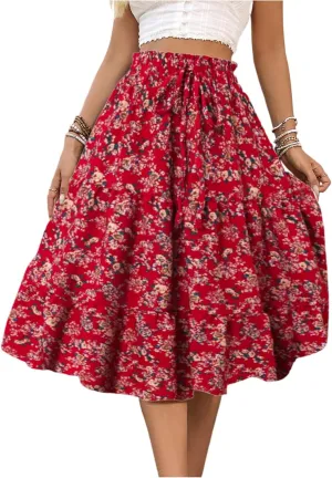 Women's Pleated Skirts Boho Floral Skirt Casual Elastic High Waist Maxi Skirts Flowy A Line Beach Skirt, S-XL