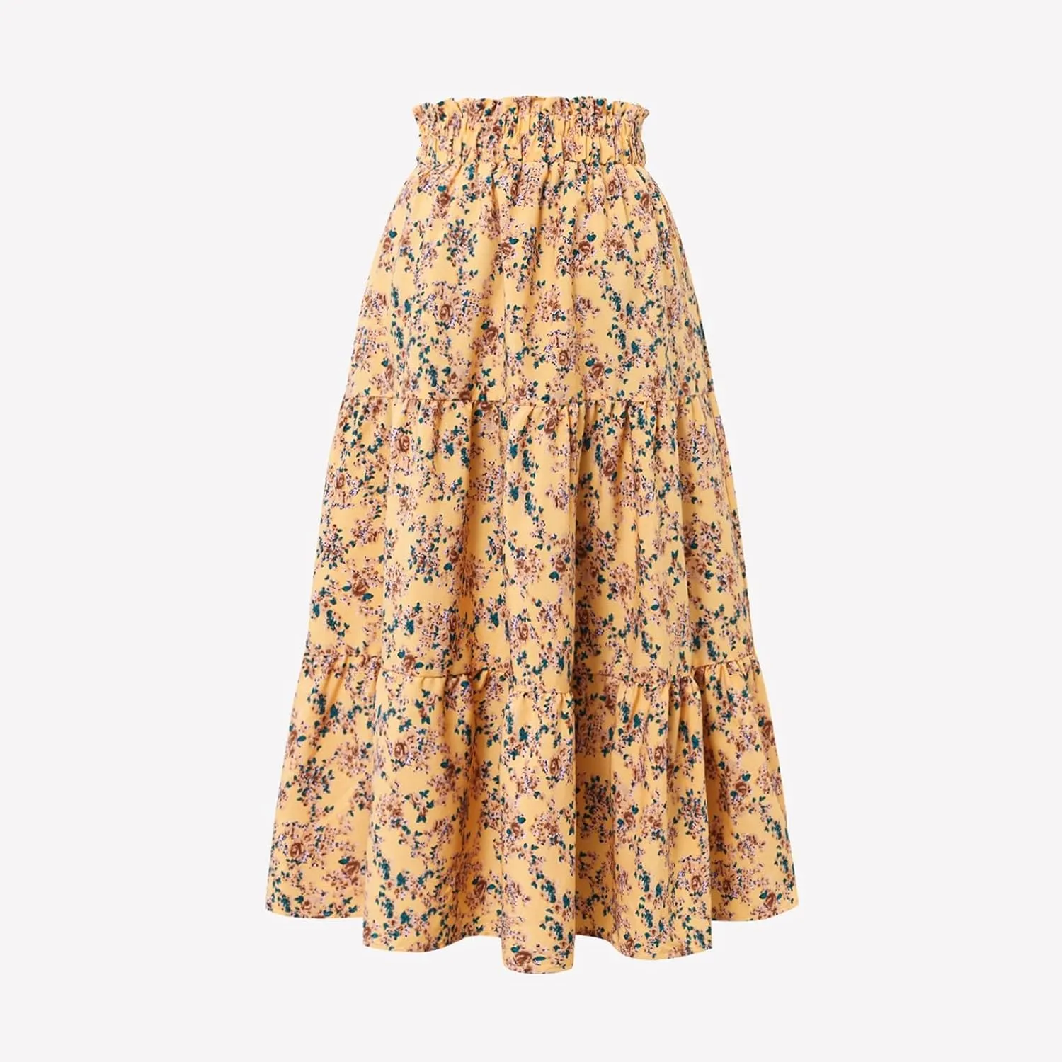 Women's Pleated Skirts Boho Floral Skirt Casual Elastic High Waist Maxi Skirts Flowy A Line Beach Skirt, S-XL