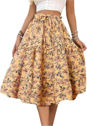 Women's Pleated Skirts Boho Floral Skirt Casual Elastic High Waist Maxi Skirts Flowy A Line Beach Skirt, S-XL