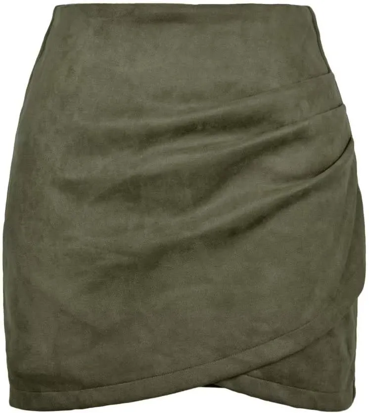 Womens Skirt Ruched Wrap High Waist Faux Suede Skirt Zipper Back Above Knee A Line Bodycon Mini Skirt Basic Skirt