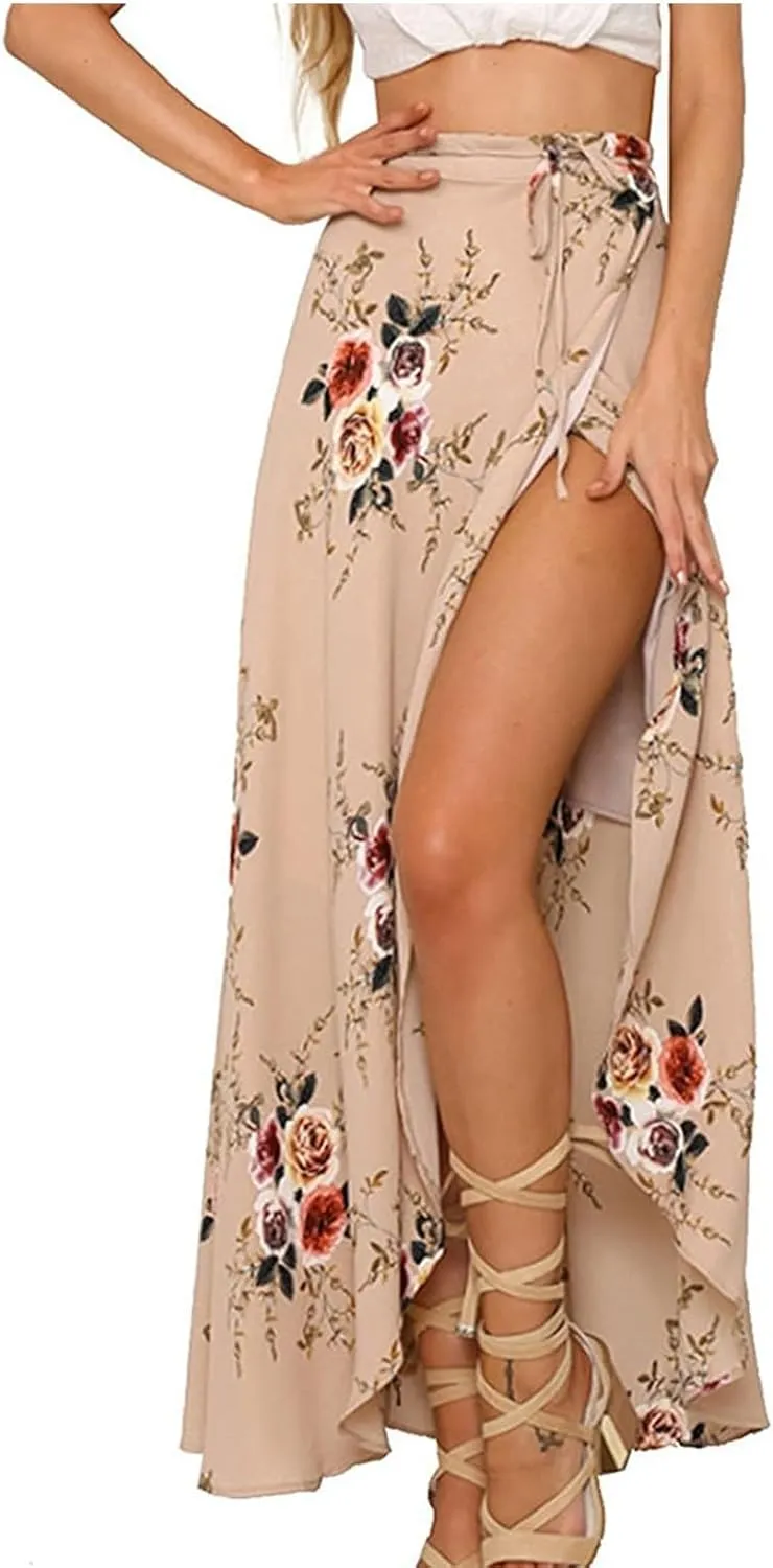 Womens Slit Skirt Floral Boho Long Skirts Tie Up Waist Summer Beach Wrap Cover Up Maxi Skirt Sexy Holiday Party Dresses