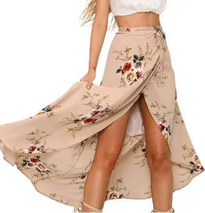 Womens Slit Skirt Floral Boho Long Skirts Tie Up Waist Summer Beach Wrap Cover Up Maxi Skirt Sexy Holiday Party Dresses