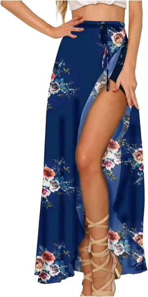 Womens Slit Skirt Floral Boho Long Skirts Tie Up Waist Summer Beach Wrap Cover Up Maxi Skirt Sexy Holiday Party Dresses