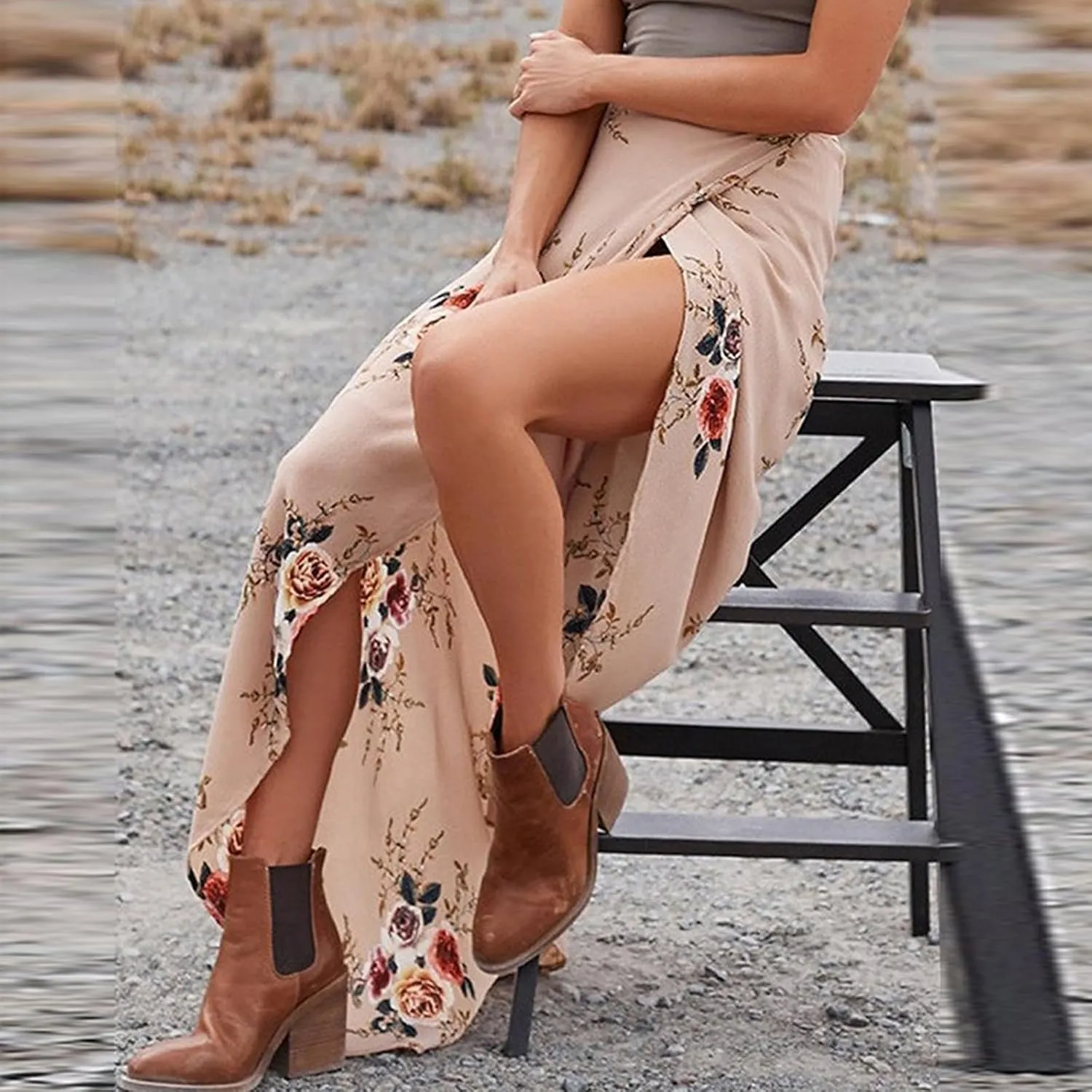 Womens Slit Skirt Floral Boho Long Skirts Tie Up Waist Summer Beach Wrap Cover Up Maxi Skirt Sexy Holiday Party Dresses