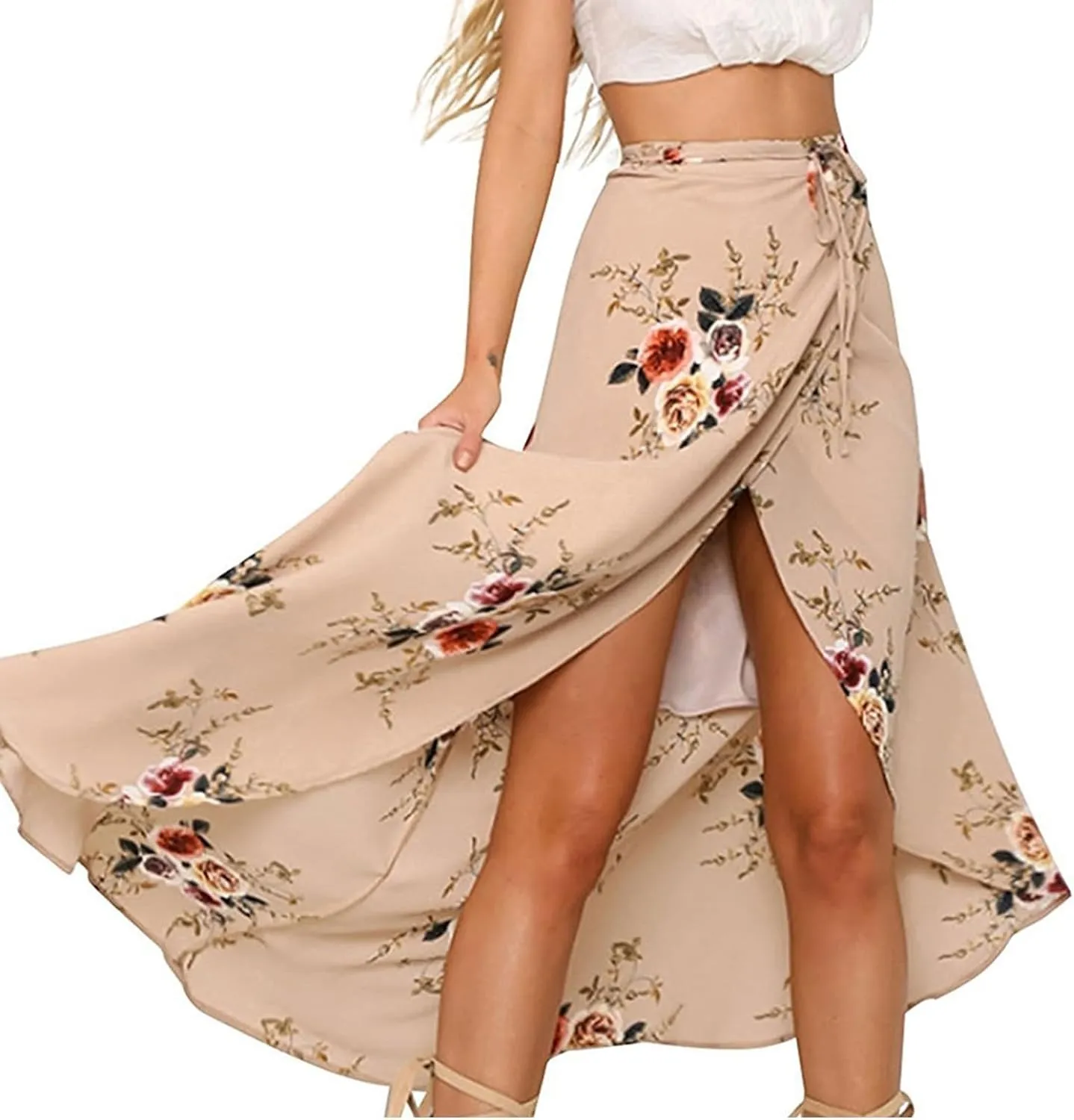 Womens Slit Skirt Floral Boho Long Skirts Tie Up Waist Summer Beach Wrap Cover Up Maxi Skirt Sexy Holiday Party Dresses