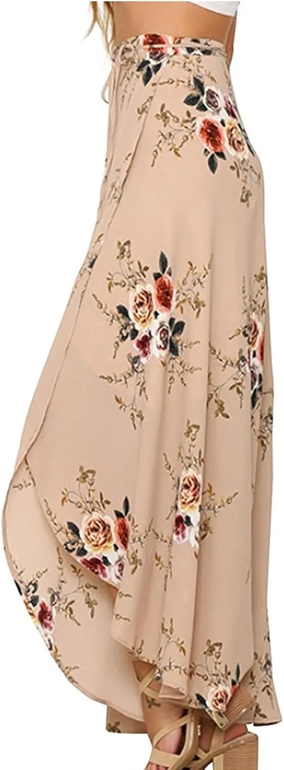 Womens Slit Skirt Floral Boho Long Skirts Tie Up Waist Summer Beach Wrap Cover Up Maxi Skirt Sexy Holiday Party Dresses