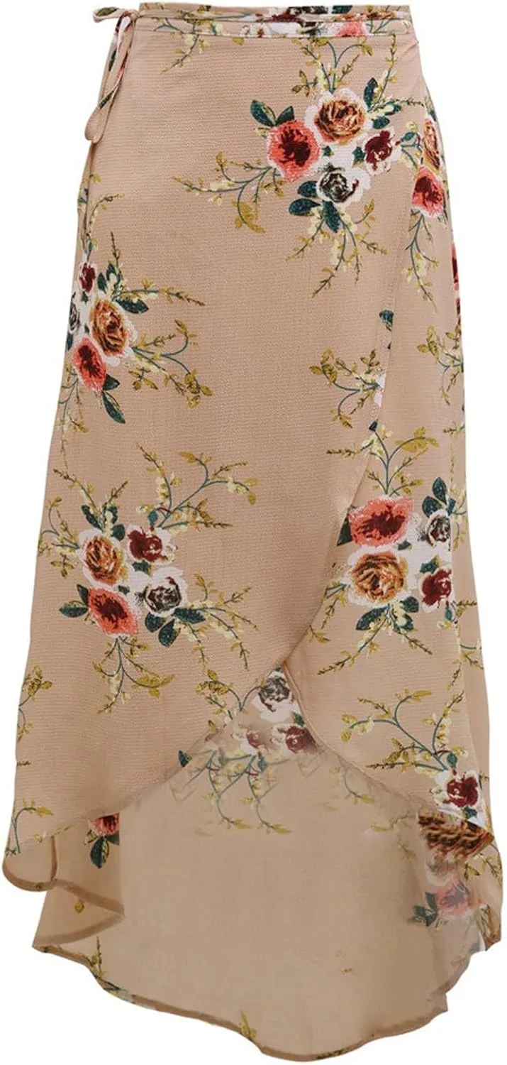 Womens Slit Skirt Floral Boho Long Skirts Tie Up Waist Summer Beach Wrap Cover Up Maxi Skirt Sexy Holiday Party Dresses