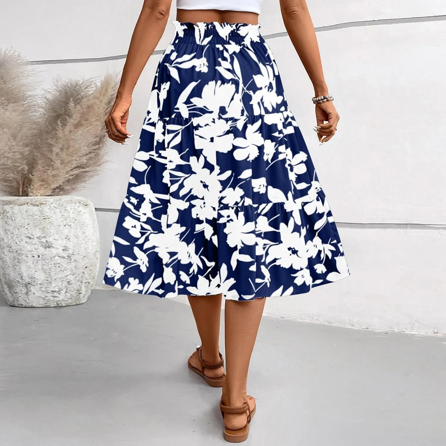Womens Summer Casual A-Line Long Skirt Tiered High Waist Beach Outfits Elastic Waist Bohemian Print Maxi Skirt