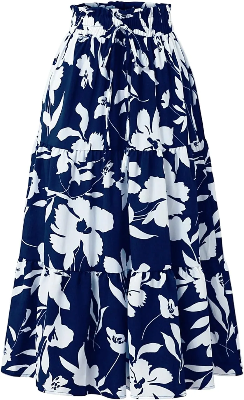 Womens Summer Casual A-Line Long Skirt Tiered High Waist Beach Outfits Elastic Waist Bohemian Print Maxi Skirt