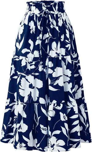 Womens Summer Casual A-Line Long Skirt Tiered High Waist Beach Outfits Elastic Waist Bohemian Print Maxi Skirt