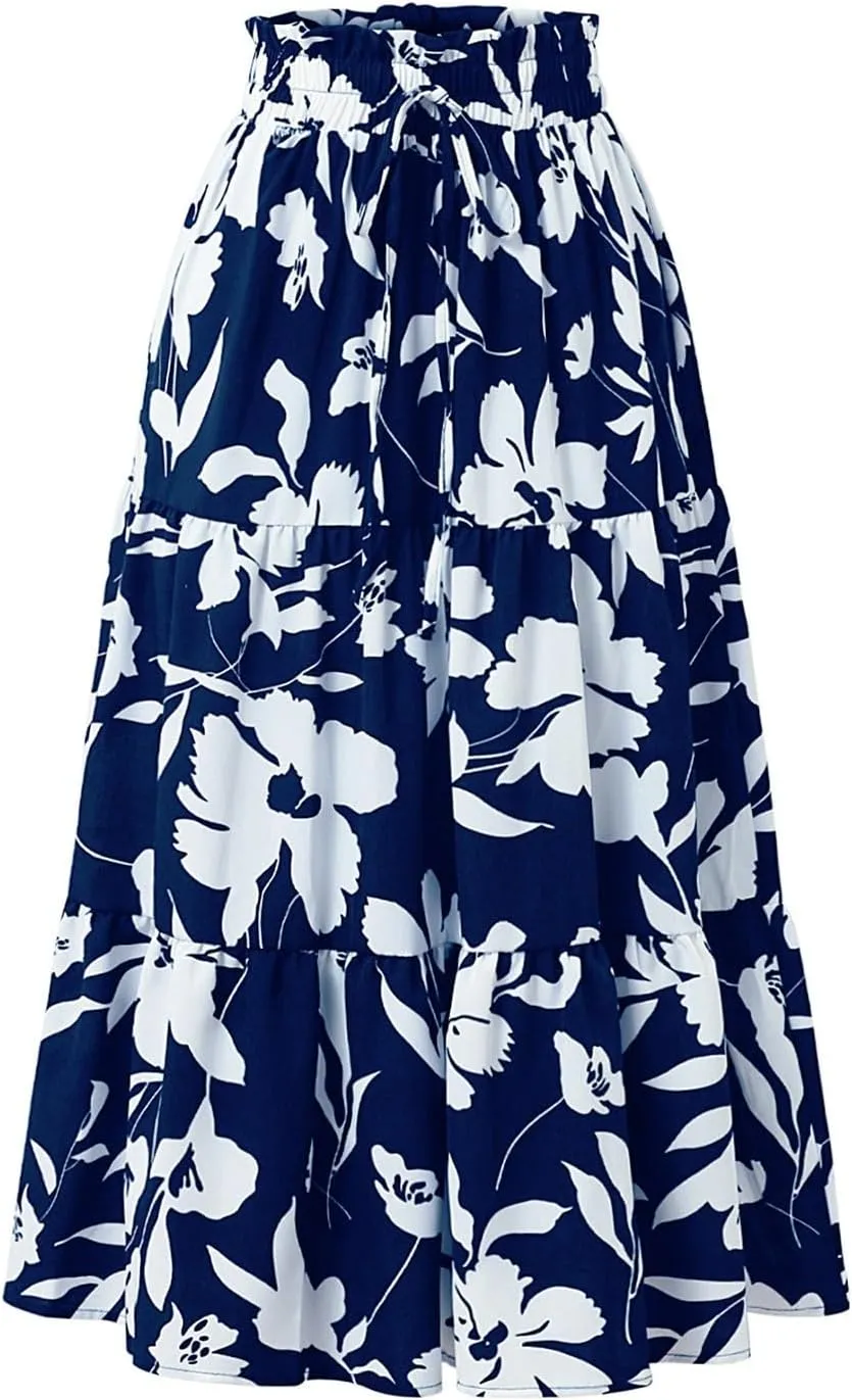Womens Summer Casual A-Line Long Skirt Tiered High Waist Beach Outfits Elastic Waist Bohemian Print Maxi Skirt