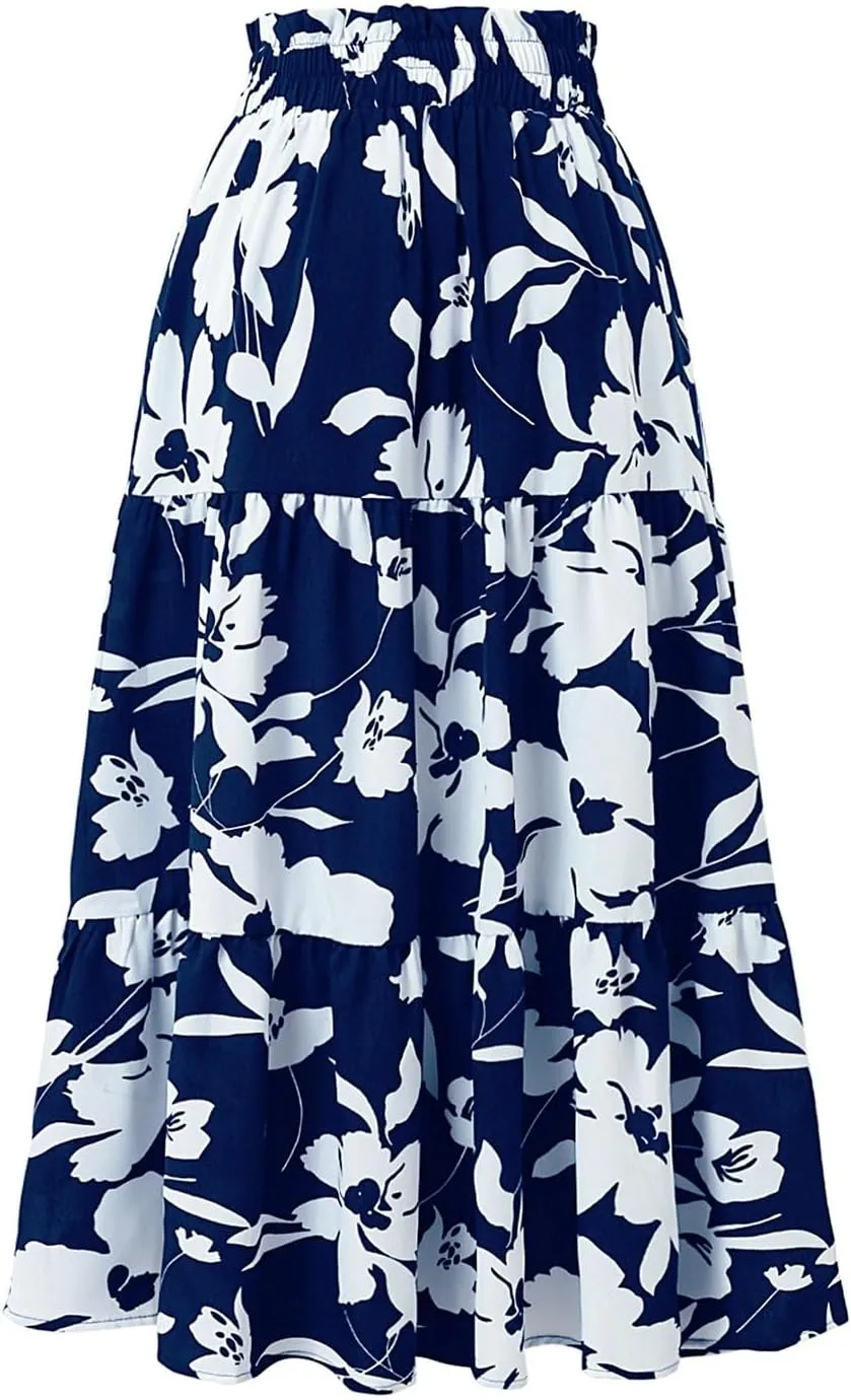 Womens Summer Casual A-Line Long Skirt Tiered High Waist Beach Outfits Elastic Waist Bohemian Print Maxi Skirt