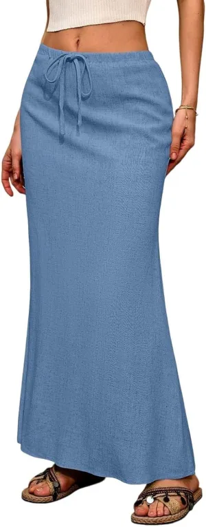 Womens Summer Maxi Skirts Elastic Waist Drawstring Back Slit Flared Skirt Casual Dressy Linen A-Line Flowy Long Skirt