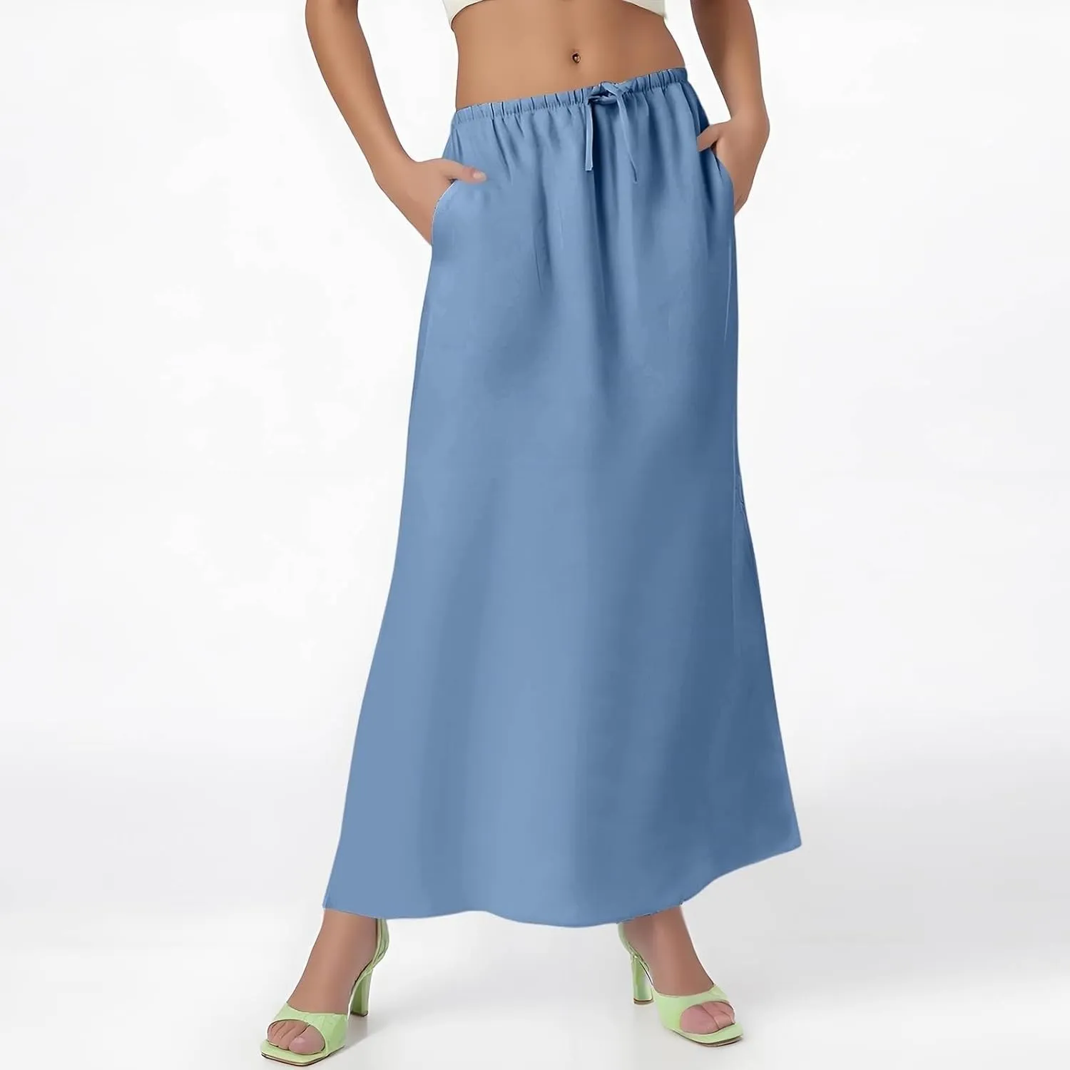 Womens Summer Maxi Skirts Elastic Waist Drawstring Back Slit Flared Skirt Casual Dressy Linen A-Line Flowy Long Skirt