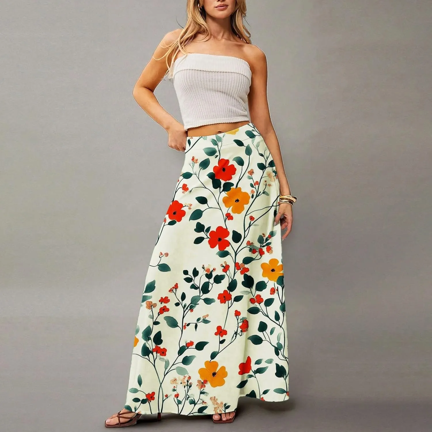 Women's Summer Skirts 2025 Elastic High Waist Flared Maxi Skirts Floral Swing Midi Casual Long Skirt, S-2XL