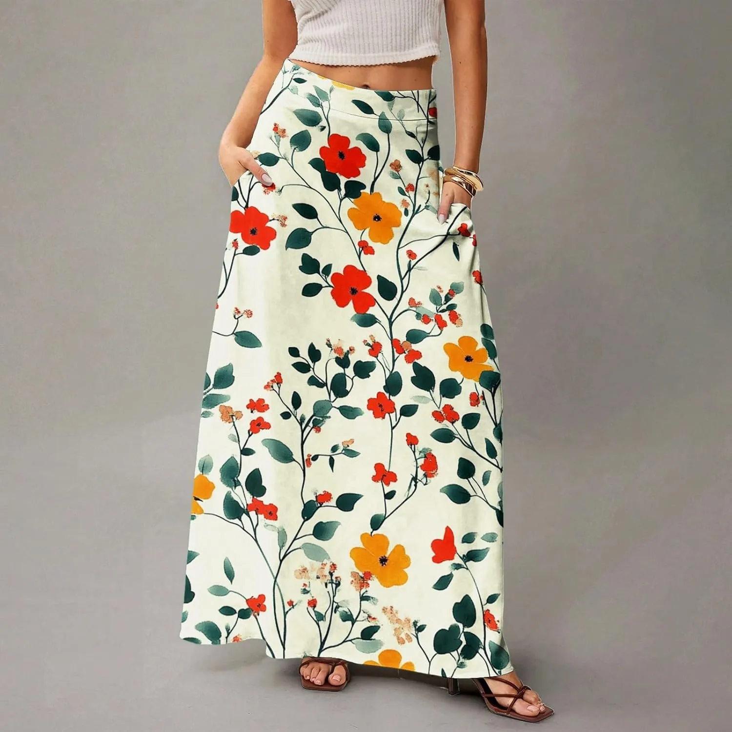 Women's Summer Skirts 2025 Elastic High Waist Flared Maxi Skirts Floral Swing Midi Casual Long Skirt, S-2XL