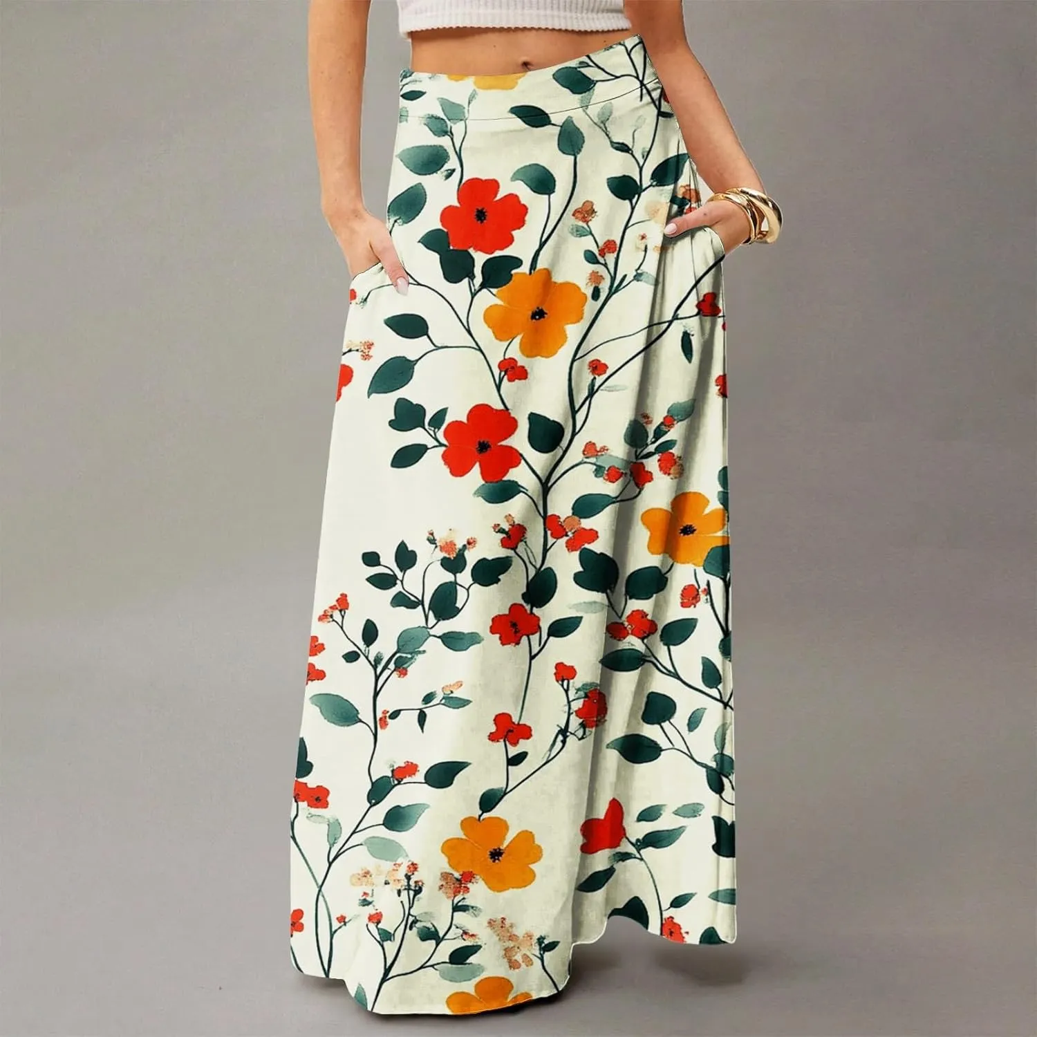 Women's Summer Skirts 2025 Elastic High Waist Flared Maxi Skirts Floral Swing Midi Casual Long Skirt, S-2XL