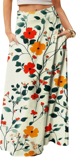 Women's Summer Skirts 2025 Elastic High Waist Flared Maxi Skirts Floral Swing Midi Casual Long Skirt, S-2XL