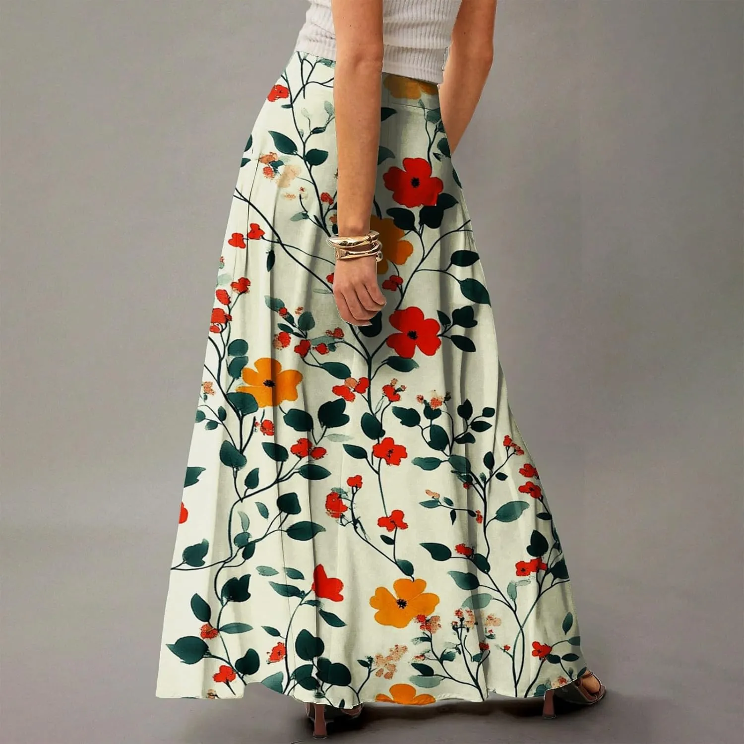 Women's Summer Skirts 2025 Elastic High Waist Flared Maxi Skirts Floral Swing Midi Casual Long Skirt, S-2XL